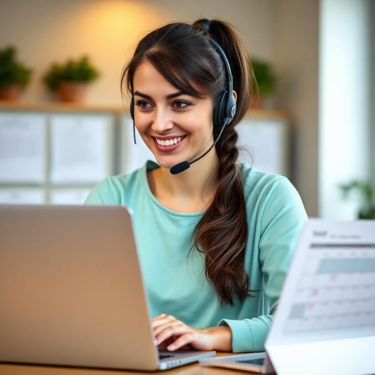 Zsófi – magyar női AI asszisztens headsettel a laptopnál