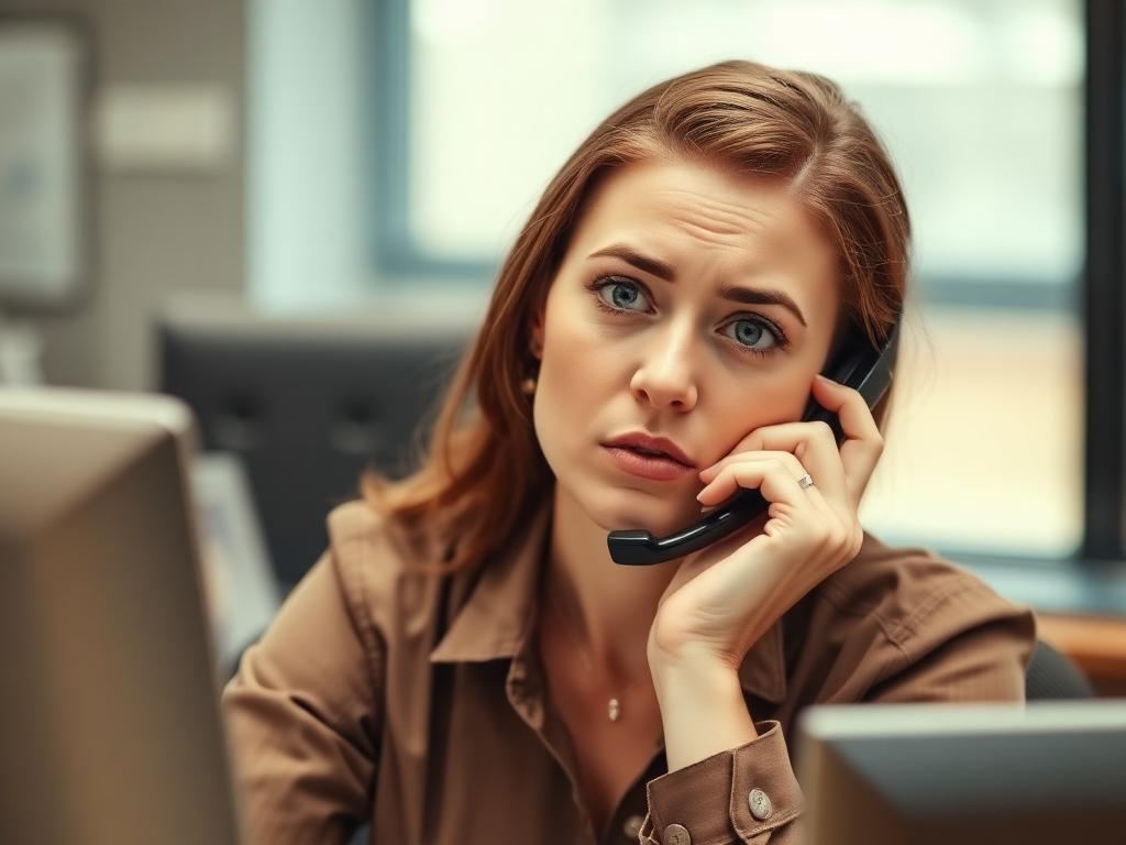 Unott recepciós nő telefonkagylóval a fülén