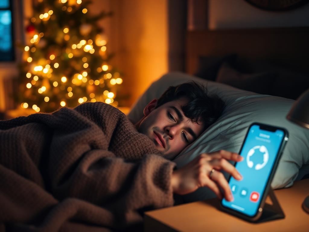 Ágyban fekvő ember, karácsonyfa fényei, csörgő telefon az éjjeliszekrényen