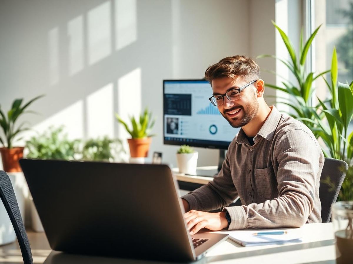 Magyar IT szakember mosolyogva állítja be az AI asszisztenst egy laptopon, napsütötte irodában